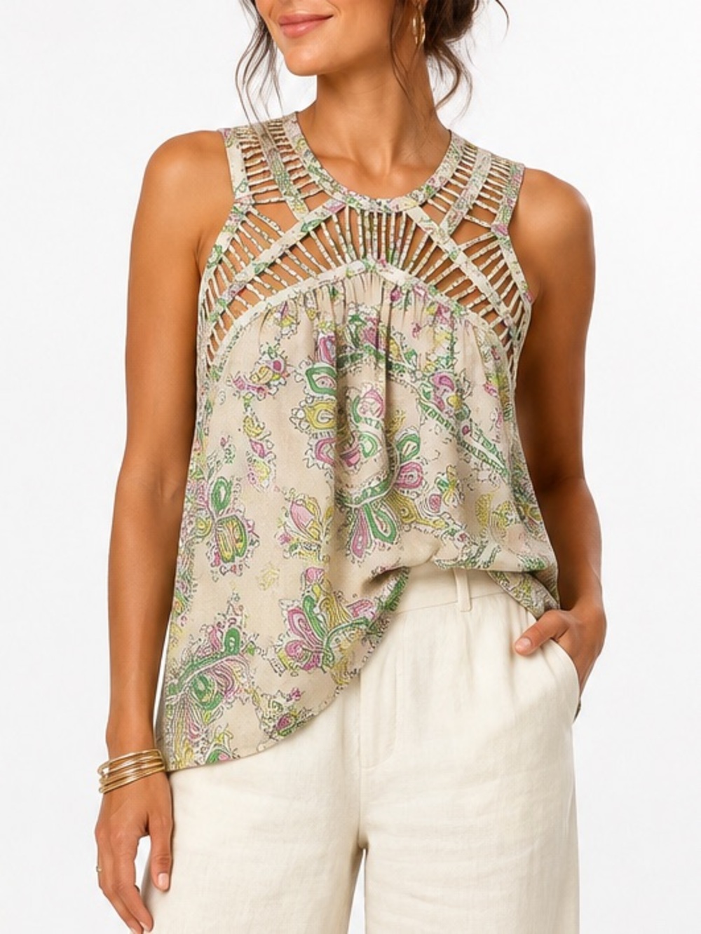 Anthro Leifnotes 100% Silk Paisley Boho Blouse Caged Lattice Flowy Top Size 0
